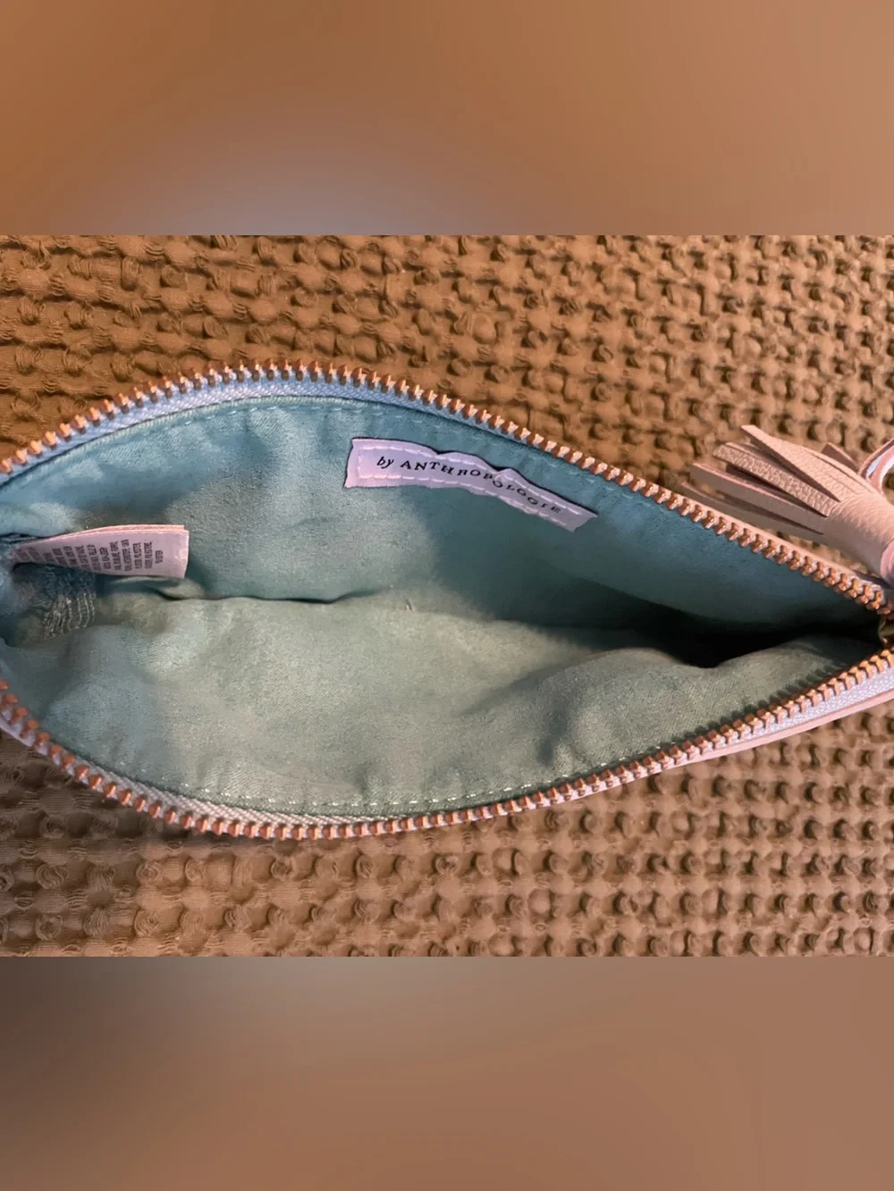 Anthropologie Aquamarine Leather Tassel Zip Pouch
